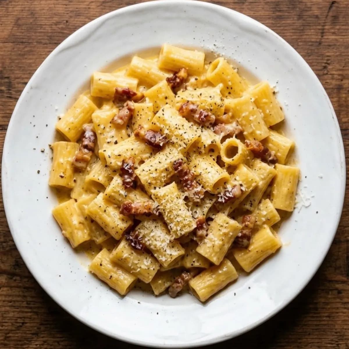 Piatto di rigatoni alla carbonara con guanciale croccante, pecorino e pepe nero