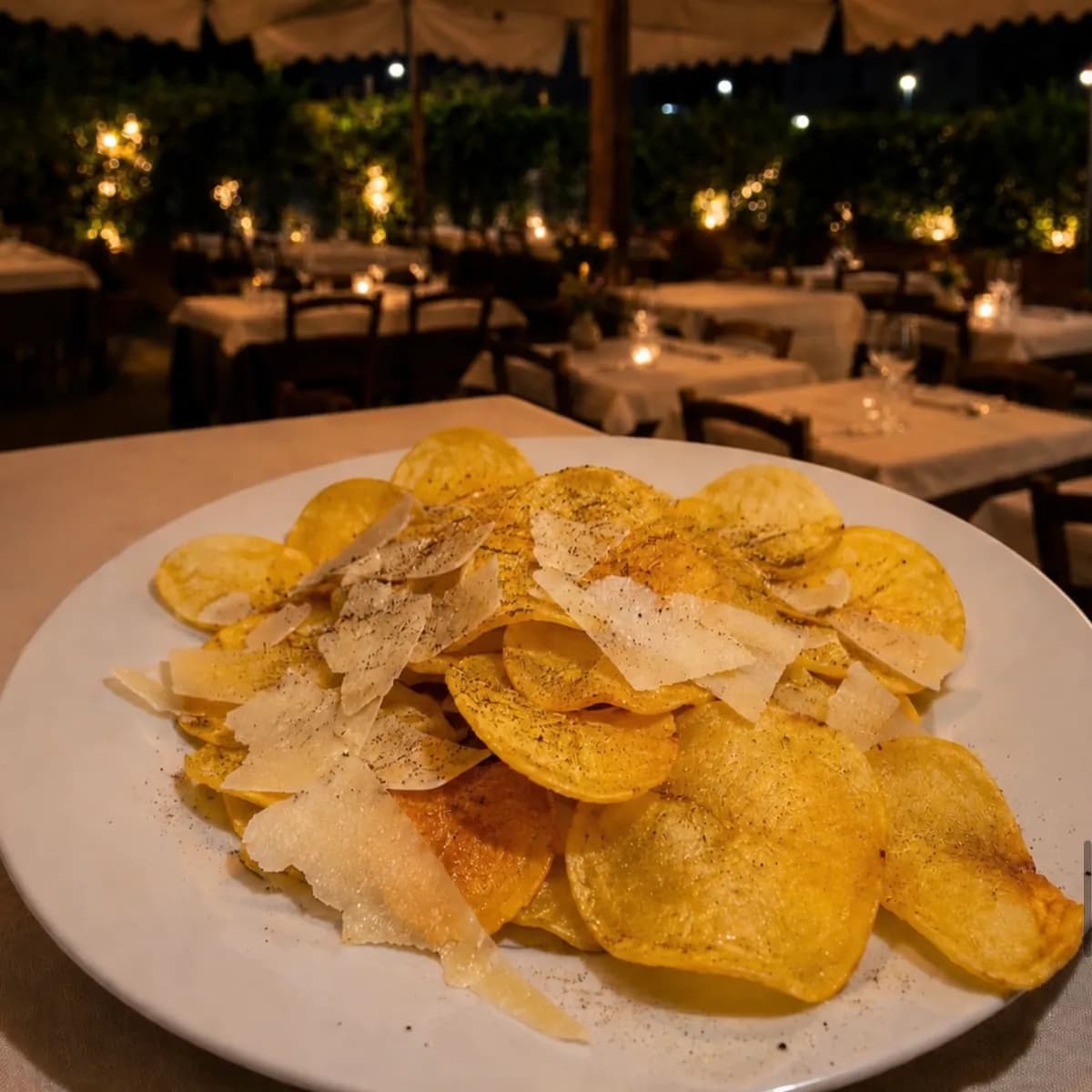 Patatine sfogliate cacio e pepe con scaglie di pecorino, servite ai tavoli del dehors